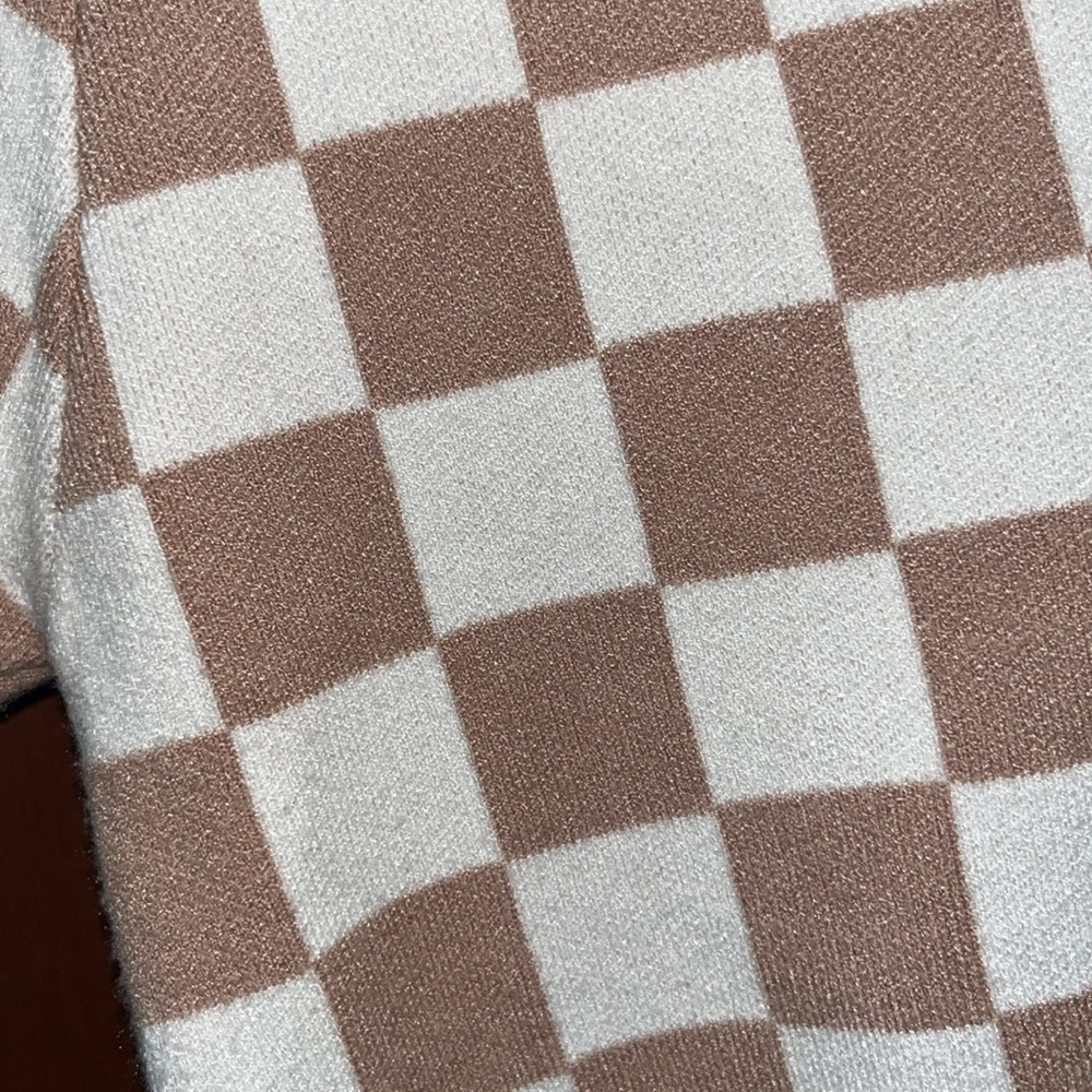 Cream and Tan Checkered Knit Polo Shirt - Picture 3 of 4